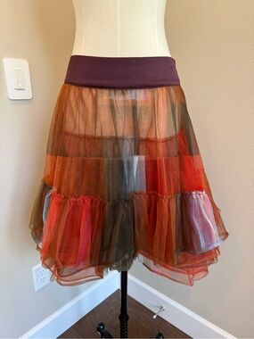 Semi Sheer Tiered Circle Skirt in Orange and Brown and Blue. Layer this baddie!